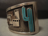 Advanced Native American Jewelry Silver Work Vintage Navajo 'Pueblo' Turquoise Cactus Native American Jewelry Silver Bracelet-Nativo Arts