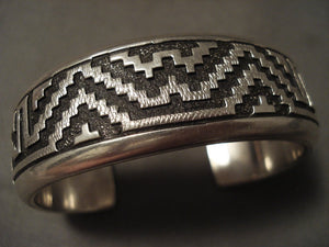 Advanced Native American Jewelry Silver Work Vintage Navajo Thick Geometric Native American Jewelry Silver Bracelet-Nativo Arts