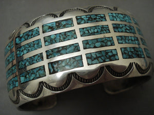 Advanced Technique Vintage Navajo 'Turquoise Channel' Native American Jewelry Silver Bracelet Old-Nativo Arts