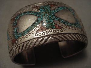 Advaqnced Technique 'Protruding Center' Turquoise Coral Native American Jewelry Silver Bracelet-Nativo Arts