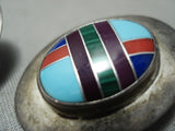 Signed Large Intricate Vintage Native American Navajo Turquoise Sterling Silver Earrings-Nativo Arts