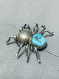 Native American Impressive Vintage Signed Morenci Turquoise Sterling Silver Spider Hat Pin-Nativo Arts