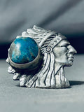 Signed San Felipe Old Kingman Turquoise Sterling Silver Chief Ring-Nativo Arts