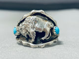 Intricate Native American Navajo Blue Gem Turquoise Sterling Silver Buffalo Ring-Nativo Arts