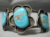 Superior Vintage Native American Navajo #8 Turquoise Sterling Silver Flower Bracelet Old-Nativo Arts