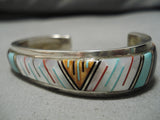 Authentic Vintage Native American Navajo Turquoise Inlay Sterling Silver Bracelet Old-Nativo Arts