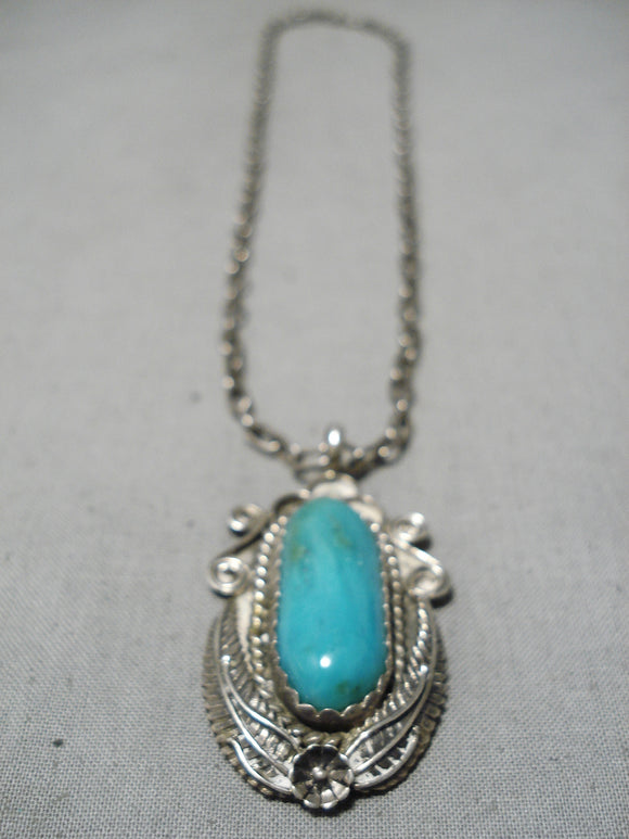 Awesome Vintage Native American Navajo Old Kingman Turquoise Sterling Silver Necklace Old-Nativo Arts