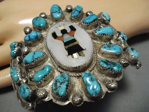 Opulent Vintage Native American Navajo Kachina Dancer Sterling Silver Turquoise Bracelet Old-Nativo Arts