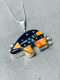 Fantastic Native American Navajo Spiny Oyster Sterling Silver Bear Necklace Signed-Nativo Arts