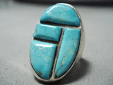 Heavy Vintage Native American Navajo Blue Gem Turquoise Sterling Silver Ring-Nativo Arts