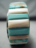 Thick Quality Vintage Native American Navajo Turquoise Riased Inlay Sterling Silver Bracelet-Nativo Arts