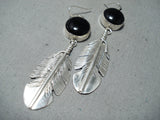 Incredible Native American Navajo Black Onyx Sterling Silver Feather Earrings-Nativo Arts