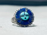 Beautiful Vintage Native American Zuni Blue Gem Turquoise Lapis Sterling Silver Sunface Ring-Nativo Arts