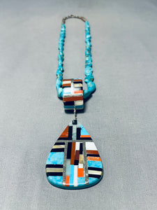 Native American One Of The Best Vintage Santo Domingo Turquoise Inlay Sterling Silver Necklace-Nativo Arts