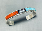 Don Dewa Native American Zuni Coral Turquoise Sterling Silver Sunface Bracelet-Nativo Arts