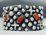Dynamic Native American Navajo Coral Cross Sterling Silver Bracelet Signed-Nativo Arts