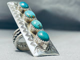 Fascinating Native American Navajo Signed 4 Turquoise Sterling Silver Huge Ring-Nativo Arts
