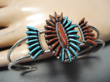 Important Native American Zuni Turquoise Coral Needlepoint Sterling Silver Bracelet-Nativo Arts