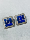Signed Vintage Native American Navajo Lapis Inlay Sterling Silver Earrings-Nativo Arts