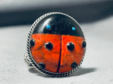 Captivating Native American Navajo Signed Coral Jet Turquoise Sterling Silver Ladybug Ring-Nativo Arts