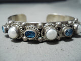 Marvelous Vintage Native American Navajo Blue Topaz, Pearl Sterling Silver Bracelet Old-Nativo Arts