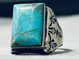Outstanding Vintage Native American Navajo Kingman Turquoise Square Sterling Silver Ring-Nativo Arts