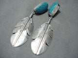 Feather Master Native American Navajo Old Kingman Turquoise Sterling Silver Feather Earrings-Nativo Arts