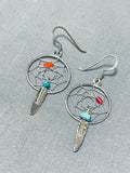 Unique Native American Navajo Turquoise Coral Sterling Silver Dream Catcher Earrings-Nativo Arts