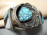 Rare Side Inlay Vintage Native American Navajo Seafoam Turquoise Sterling Silver Bracelet Old-Nativo Arts