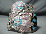 One Of The Most Detailed Native American Zuni Turquoise Sterling Silver Inlay Bracelet-Nativo Arts