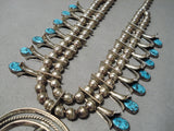 Signed Vintage Native American Navajo Turquoise Sterling Silver Squash Blossom Necklace-Nativo Arts
