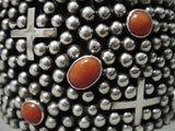 Superior Christian Cross Native American Navajo Domed Coral Sterling Silver Bracelet-Nativo Arts