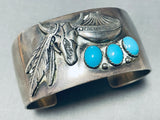 Detailed Wide Vintage Native American Navajo Turquoise Sterling Silver Feather Bracelet-Nativo Arts