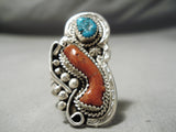 Exquisite Native American Navajo Old Kingman Turquoise & Coral Sterling Silver Ring-Nativo Arts