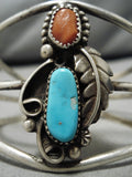 Striking Vintage Native American Navajo Turquoise Coral Sterling Silver Bracelet Old-Nativo Arts