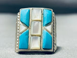 Captivating Vintage Native American Navajo Inlay Turquoise Mother Of Pearl Sterling Silver Ring-Nativo Arts