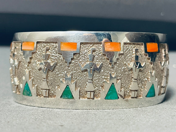 Symbolic Yei Vintage Native American Navajo Turquoise Sterling Silver Inlay Bracelet-Nativo Arts