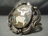 Huge Dancing Kachina Turquoise Vintage Native American Navajo Sterling Silver Bracelet Old-Nativo Arts