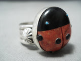 Marvelous Native American Navajo Coral Jet Turquoise Sterling Silver Ladybug Ring-Nativo Arts