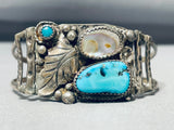 Detailed Older Vintage Native American Navajo Turquoise Sterling Silver Leaf Bracelet-Nativo Arts