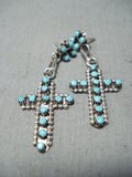 Exquisite Native American Zuni Sleeping Beauty Turquoise Sterling Silver Cross Earrings-Nativo Arts