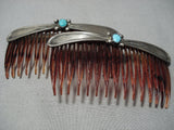 Amazing Earlier 1900 Vintage Native American Jewelry Navajo Turquoise Sterling Silver Hair Comb Barrette-Nativo Arts