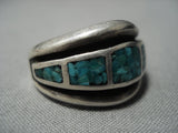 Amazing Silver Work Vintage Native American Jewelry Navajo Green Turquoise Inlay Sterling Silver Ring-Nativo Arts