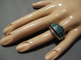 Amazing Silver Work Vintage Native American Jewelry Navajo Green Turquoise Inlay Sterling Silver Ring-Nativo Arts