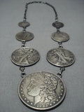 Amazing Vintage Native American Jewelry Navajo Sterling Silver Coin Squash Blossom Necklace-Nativo Arts