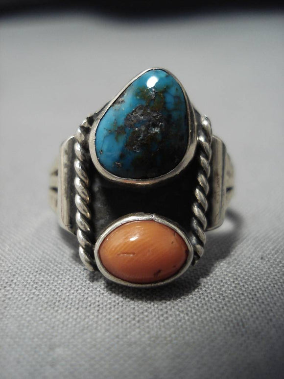 Amazing Vintage Native American Navajo Bisbee Turquoise Coral Sterling Silver Ring Old-Nativo Arts