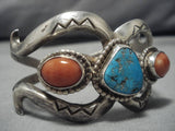 Amazing Vintage Native American Navajo Coral Turquoise Sterling Silver Bracelet Old-Nativo Arts