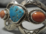 Amazing Vintage Native American Navajo Coral Turquoise Sterling Silver Bracelet Old-Nativo Arts
