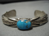 Amazing Vintage Native American Navajo Thick Sterling Silver Blue Gem Turquoise Bracelet Old-Nativo Arts