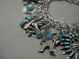 Amazing Vintage Native American Navajo Turquoise Sterling Silver Charm Bracelet Old-Nativo Arts
